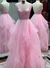 Princess Pink Tulle Spaghetti Straps Prom Dresses