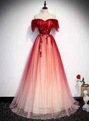 Princess Red Tulle Off the Shoulder Beading Prom Dresses