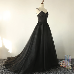 Ball Gown Spaghetti Straps Black Tulle Prom Dress, Long Brush Sweep Train Prom Dress