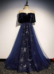 Blue Tulle With Velvet Long Party Dress, A Line Off Shoulder Formal Dress, Prom Dress