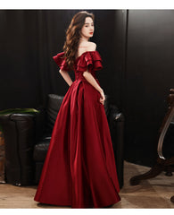 Dark Red Satin Style Off Shoulder Long Prom Dresses, A-line Long Formal Dresses