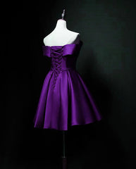 Cute Short Sweetheart Satin Off Shoulder Purple Short Prom Dresses