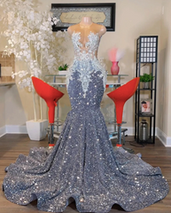 O Neck Silver Prom Dresses, Plus Size Sparkly Prom Dresses, Beaded Applique Prom Dresses