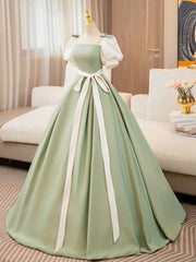 Puff  Sleeves A-line Satin Green/White Long Prom Dress, Green Long Formal Dress