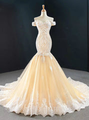 Purchase Your Favorite Champagne Mermaid Tulle Appliques Beading Off the Shoulder Prom Dresses