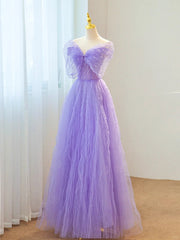 Purple A-line Sweetheart Tulle Long Formal Dresses, Beaded Purple Prom Dresses