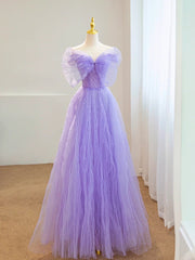 Purple A-line Sweetheart Tulle Long Formal Dresses, Beaded Purple Prom Dresses