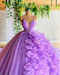 Purple A-line V Neck Tulle Ball Gown Purple Princess Dress