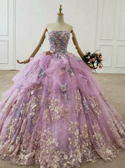 Purple Ball Gown Appliques Tulle 3D Flower Strapless Wedding Dresses