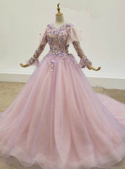 Purple Ball Gown Tulle 3D Flower Long Sleeve Wedding Dresses