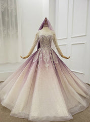 Purple Ball Gown Tulle Sequins Long Sleeve Wedding Dresses