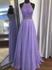 Purple Chiffon Lace Halter Beading Prom Dresses