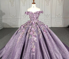 Purple Floral A Line Sequined Party Ball Gown