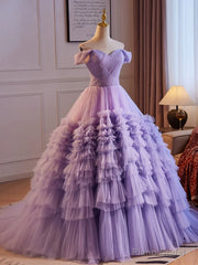 Purple Off Shoulder Sweetheart Tulle Sweet 16 Dress, Purple Tulle Long Prom Dress