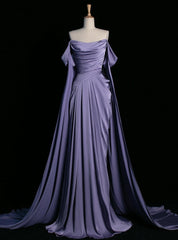 Purple Off the Shoulder Pleats Prom Dresses