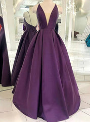 Purple Satin Deep V-neck Prom Dresses