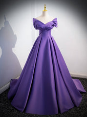 Purple Satin Off the Shoulder Prom Dresses