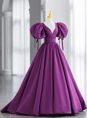 Purple Satin Puff Sleeve Backless Prom Dresses