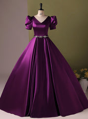 Purple Satin Short Sleeve V-neck Quinceanera Dresses