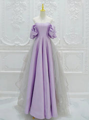 Purple Satin Tulle Off the Shoulder Prom Dresses