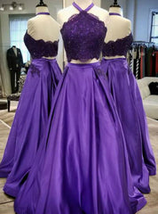 Purple Satin Two Piece Halter Backless Lace Prom Dress With Pocket