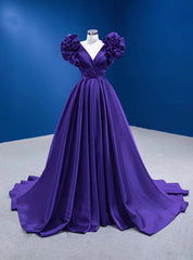 Purple Satin V-neck Pleats Prom Dresses