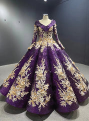 Purple Sequins Long Sleeve Appliques Prom Dresses