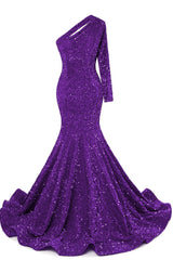 Purple Sequins Mermaid Prom Dresses One Shoulder Evening Dresses Floor Length Wedding Party Gowns