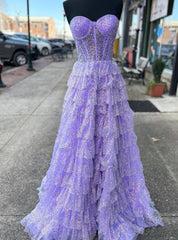 Purple Sequins Strapless Tiers Prom Dresses