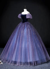 Purple Short Sleeves Tulle and Velvet Formal Dresses, Purple Tulle Prom Dresses