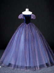 Purple Short Sleeves Tulle and Velvet Formal Dresses, Purple Tulle Prom Dresses