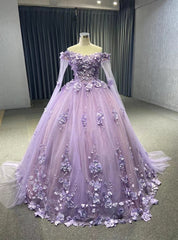 Purple Tulle 3D Flower Off the Shoulder Prom Dresses