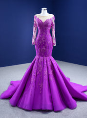 Purple Tulle Appliques Long Sleeve Prom Dresses