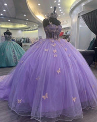 Purple Tulle Ball Gown With Butterflies,Sweet 16 Dress,Purple Princess Dress