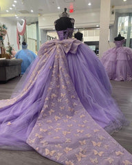 Purple Tulle Ball Gown With Butterflies,Sweet 16 Dress,Purple Princess Dress