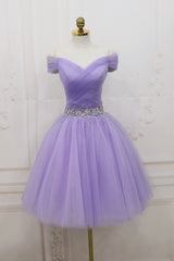 Purple Tulle Beaded Short Prom Dresses, Off Shoulder Party Dresses