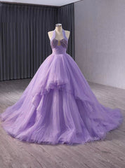 Purple Tulle Halter Pleats Beading Seqiuns Prom Dresses