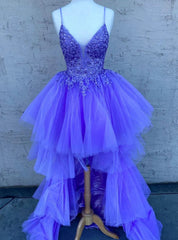 Purple Tulle  Appliques Prom Dresses