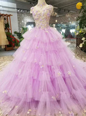 Purple Tulle High Neck Corset Backless Appliqeus Wedding Dresses With Long Train