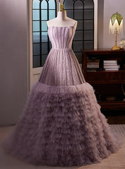 Purple Tulle Lace Strapless Beading Prom Dresses