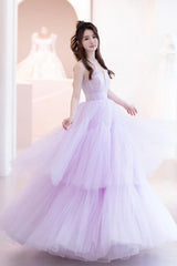 Purple Tulle Long A-Line Formal Dresses, A-Line Strapless Evening Party Dresses