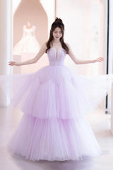 Purple Tulle Long A-Line Formal Dresses, A-Line Strapless Evening Party Dresses