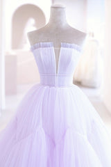 Purple Tulle Long A-Line Prom Dress, A-Line Strapless Evening Gown