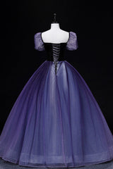 Purple Tulle Long A-Line Prom Dress, Purple Short Sleeve Princess Dress