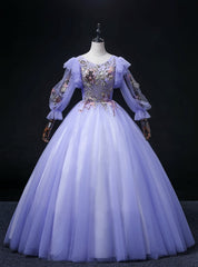 Purple Tulle Long Sleeve Sequins Appliques Quinceanera Dress