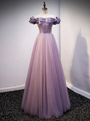 Purple Tulle Off the Shoulder Beading Sequins Prom Dresses