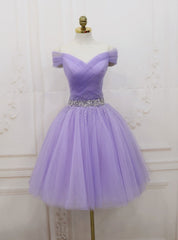 Purple Tulle Off the Shoulder Pleats Beading Homecoming Dress