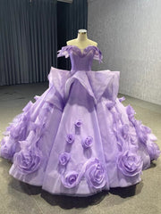 Purple Tulle Off the Shoulder Prom Dresses