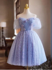 Purple Tulle Pleats Flower Homecoming Dresses