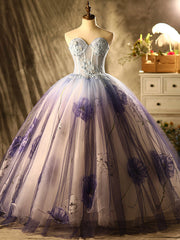 Purple Tulle Print Appliques Beading Quinceanera Dresses